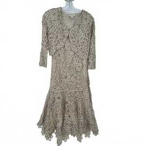 Soulmates Tan Silk Beaded Dress | S, Midi, Floral Formal Fit & Flare